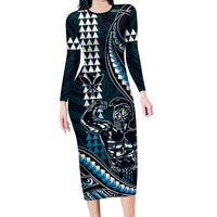 Hawaii Ikaika Warrior Helmet Family Matching Long Sleeve Bodycon Dress and Hawaiian Shirt Blue Tribal Tattoo LT05 Mom's Dress Blue - Polynesian Pride