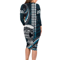Hawaii Ikaika Warrior Helmet Family Matching Long Sleeve Bodycon Dress and Hawaiian Shirt Blue Tribal Tattoo LT05 - Polynesian Pride