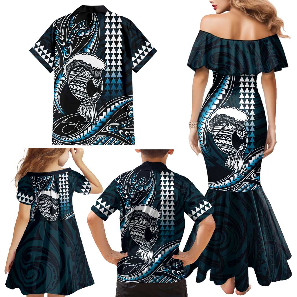 Hawaii Ikaika Warrior Helmet Family Matching Mermaid Dress and Hawaiian Shirt Blue Tribal Tattoo LT05 - Polynesian Pride