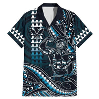 Hawaii Ikaika Warrior Helmet Family Matching Mermaid Dress and Hawaiian Shirt Blue Tribal Tattoo LT05 Dad's Shirt - Short Sleeve Blue - Polynesian Pride