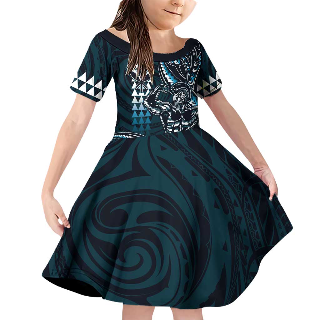 Hawaii Ikaika Warrior Helmet Family Matching Off Shoulder Short Dress and Hawaiian Shirt Blue Tribal Tattoo LT05 Daughter's Dress Blue - Polynesian Pride