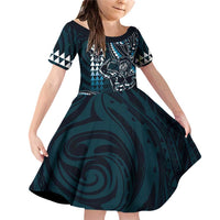 Hawaii Ikaika Warrior Helmet Family Matching Off Shoulder Short Dress and Hawaiian Shirt Blue Tribal Tattoo LT05 Daughter's Dress Blue - Polynesian Pride