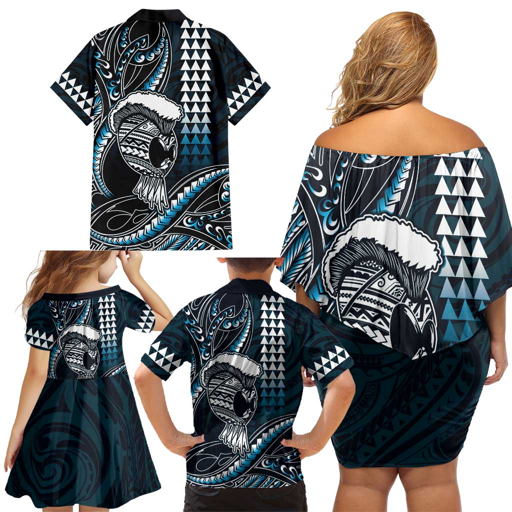 Hawaii Ikaika Warrior Helmet Family Matching Off Shoulder Short Dress and Hawaiian Shirt Blue Tribal Tattoo LT05 - Polynesian Pride
