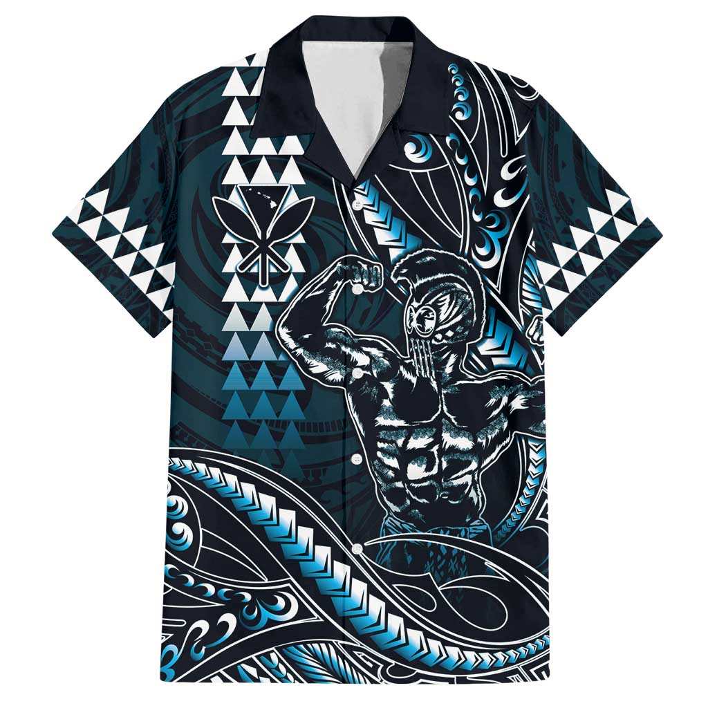Hawaii Ikaika Warrior Helmet Family Matching Off Shoulder Short Dress and Hawaiian Shirt Blue Tribal Tattoo LT05 Dad's Shirt - Short Sleeve Blue - Polynesian Pride