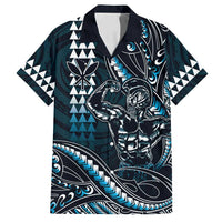 Hawaii Ikaika Warrior Helmet Family Matching Off Shoulder Short Dress and Hawaiian Shirt Blue Tribal Tattoo LT05 Dad's Shirt - Short Sleeve Blue - Polynesian Pride