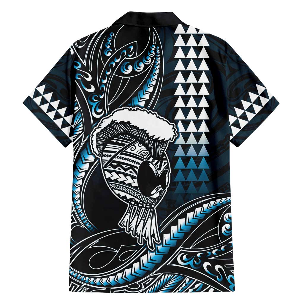 Hawaii Ikaika Warrior Helmet Family Matching Off Shoulder Short Dress and Hawaiian Shirt Blue Tribal Tattoo LT05 - Polynesian Pride