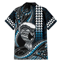 Hawaii Ikaika Warrior Helmet Family Matching Off Shoulder Short Dress and Hawaiian Shirt Blue Tribal Tattoo LT05 - Polynesian Pride