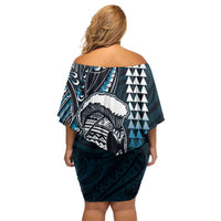 Hawaii Ikaika Warrior Helmet Family Matching Off Shoulder Short Dress and Hawaiian Shirt Blue Tribal Tattoo LT05 - Polynesian Pride