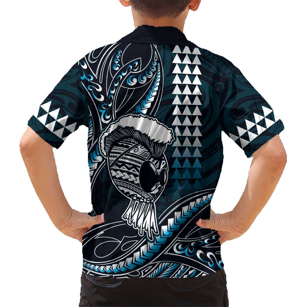 Hawaii Ikaika Warrior Helmet Family Matching Short Sleeve Bodycon Dress and Hawaiian Shirt Blue Tribal Tattoo LT05 - Polynesian Pride