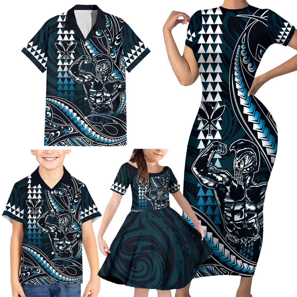 Hawaii Ikaika Warrior Helmet Family Matching Short Sleeve Bodycon Dress and Hawaiian Shirt Blue Tribal Tattoo LT05 - Polynesian Pride