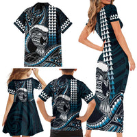 Hawaii Ikaika Warrior Helmet Family Matching Short Sleeve Bodycon Dress and Hawaiian Shirt Blue Tribal Tattoo LT05 - Polynesian Pride