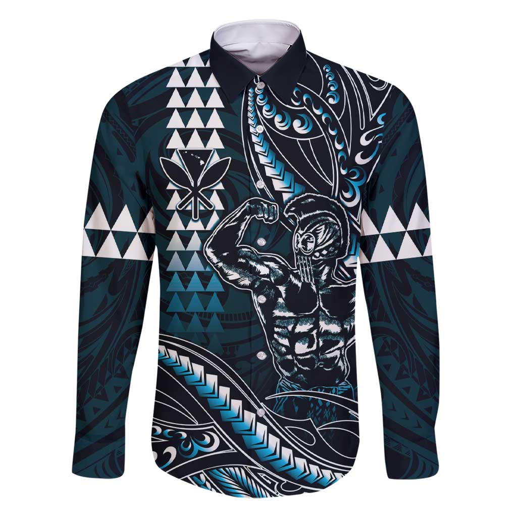 Hawaii Ikaika Warrior Helmet Family Matching Short Sleeve Bodycon Dress and Hawaiian Shirt Blue Tribal Tattoo LT05 Dad's Shirt - Long Sleeve Blue - Polynesian Pride
