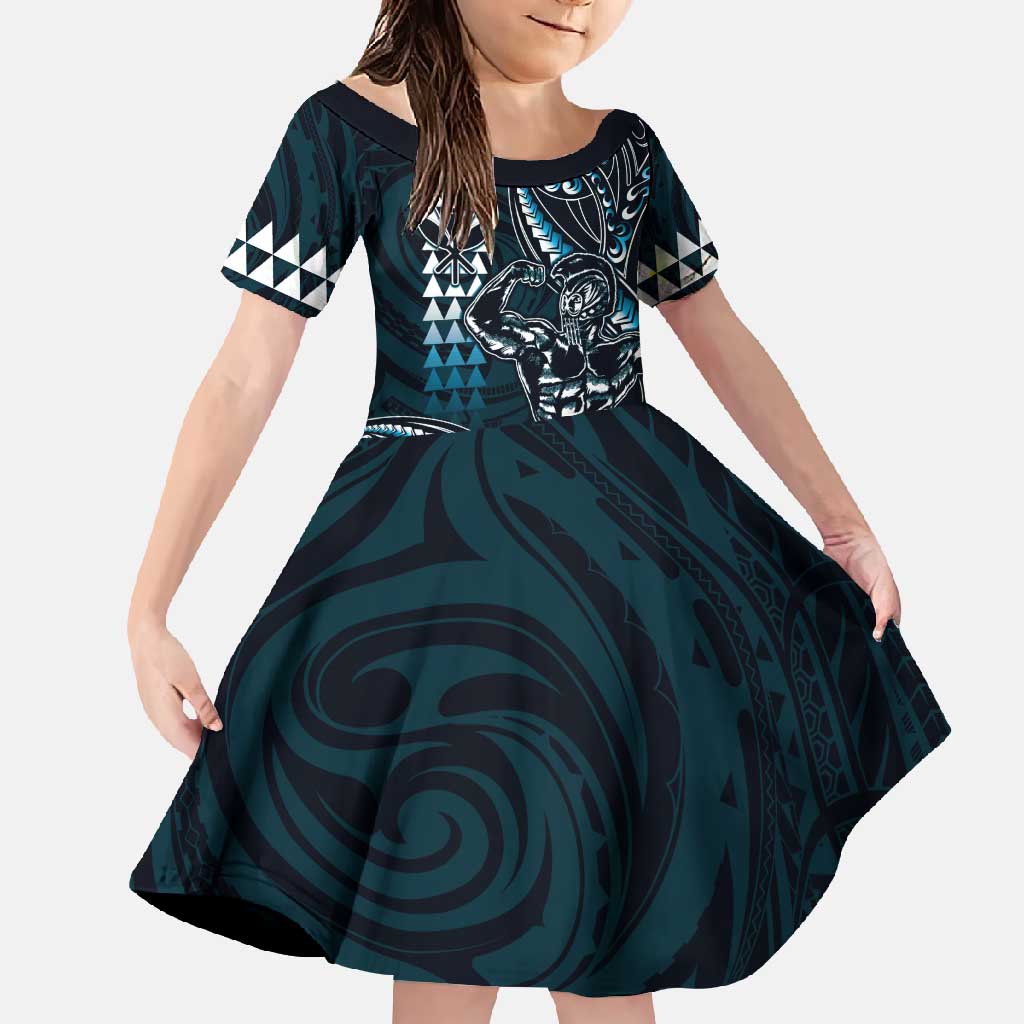 Hawaii Ikaika Warrior Helmet Family Matching Tank Maxi Dress and Hawaiian Shirt Blue Tribal Tattoo LT05 Daughter's Dress Blue - Polynesian Pride