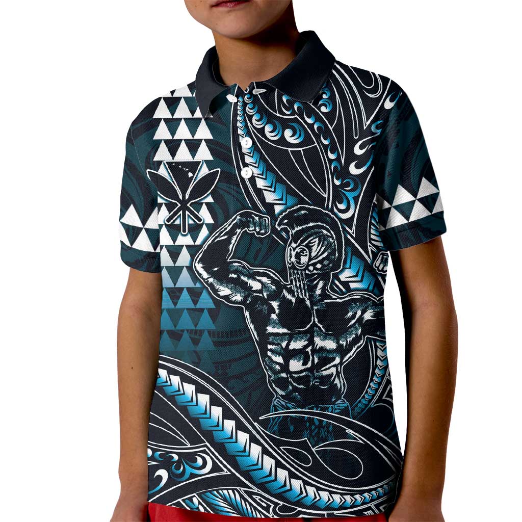 Hawaii Ikaika Warrior Helmet Kid Polo Shirt Blue Tribal Tattoo