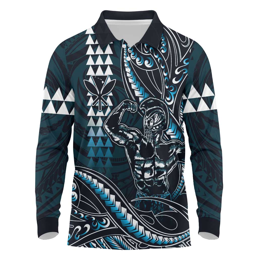 Hawaii Ikaika Warrior Helmet Long Sleeve Polo Shirt Blue Tribal Tattoo LT05 Blue - Polynesian Pride