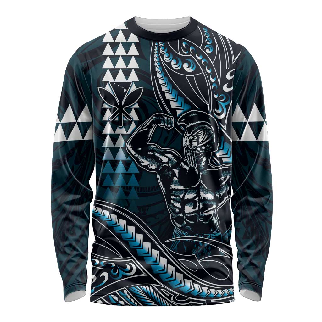 Hawaii Ikaika Warrior Helmet Long Sleeve Shirt Blue Tribal Tattoo
