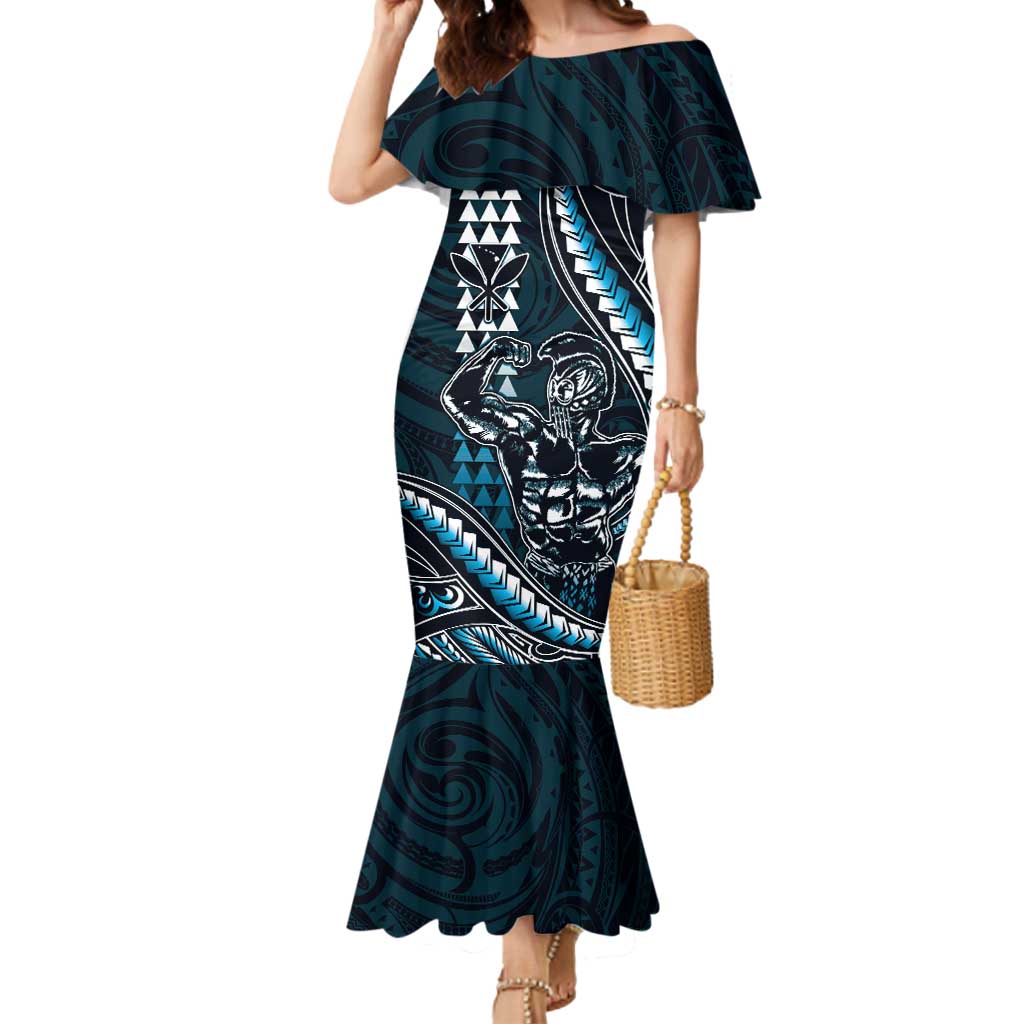 Hawaii Ikaika Warrior Helmet Mermaid Dress Blue Tribal Tattoo LT05 Women Blue - Polynesian Pride