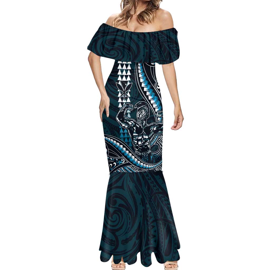 Hawaii Ikaika Warrior Helmet Mermaid Dress Blue Tribal Tattoo LT05 - Polynesian Pride