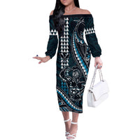 Hawaii Ikaika Warrior Helmet Off The Shoulder Long Sleeve Dress Blue Tribal Tattoo LT05 Women Blue - Polynesian Pride