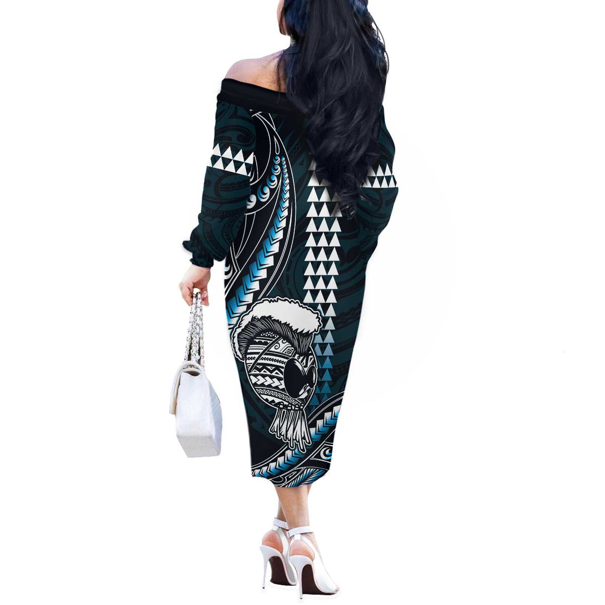 Hawaii Ikaika Warrior Helmet Off The Shoulder Long Sleeve Dress Blue Tribal Tattoo LT05 - Polynesian Pride