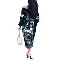 Hawaii Ikaika Warrior Helmet Off The Shoulder Long Sleeve Dress Blue Tribal Tattoo LT05 - Polynesian Pride