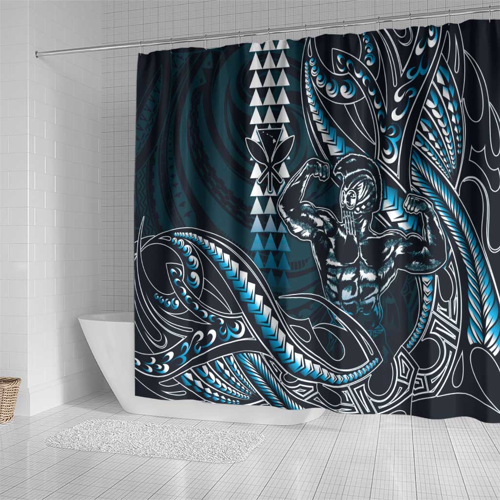 Hawaii Ikaika Warrior Helmet Shower Curtain Blue Tribal Tattoo LT05 - Polynesian Pride