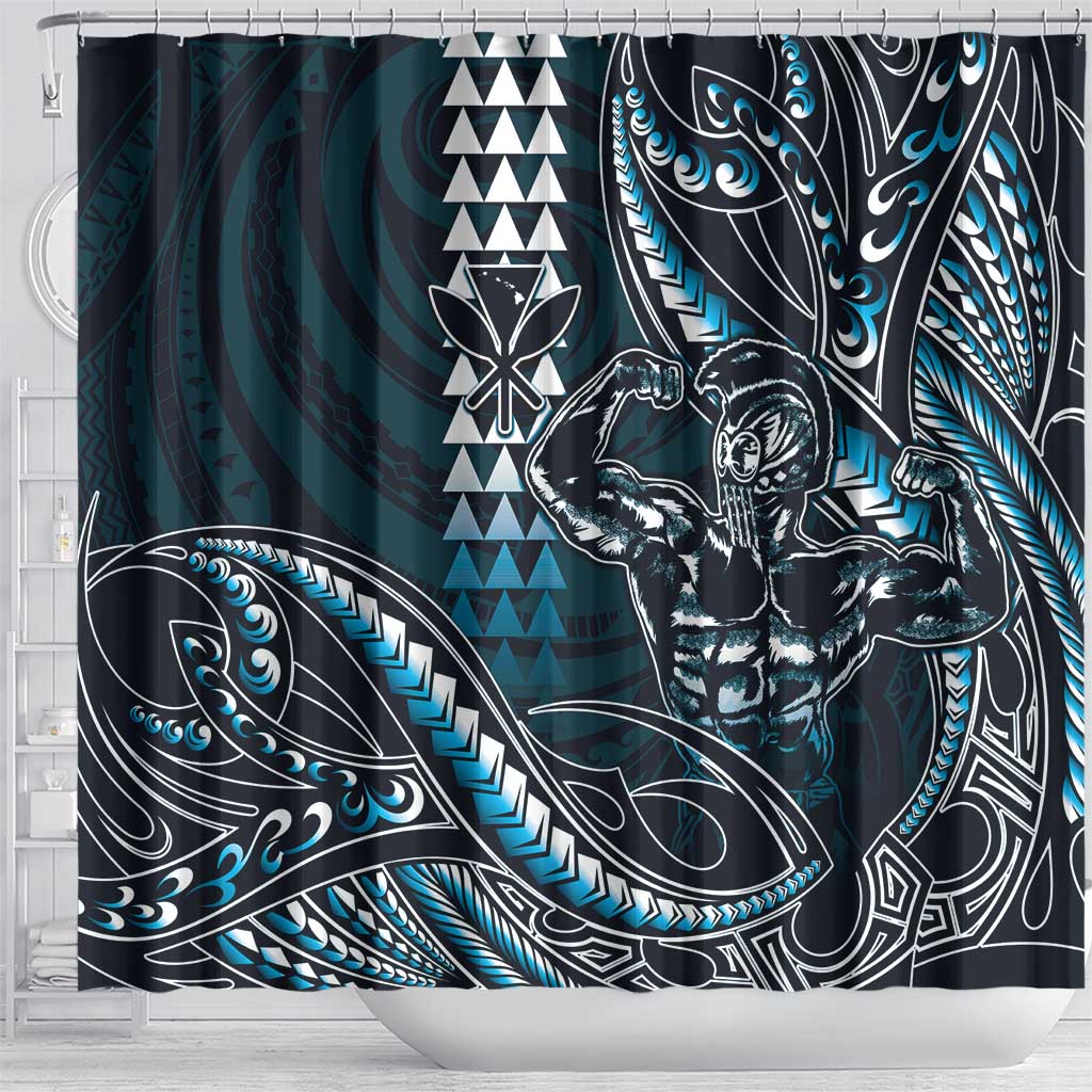Hawaii Ikaika Warrior Helmet Shower Curtain Blue Tribal Tattoo LT05 - Polynesian Pride