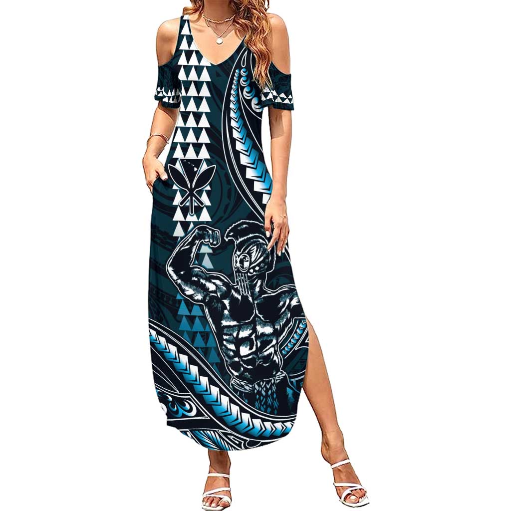 Hawaii Ikaika Warrior Helmet Summer Maxi Dress Blue Tribal Tattoo LT05 Women Blue - Polynesian Pride