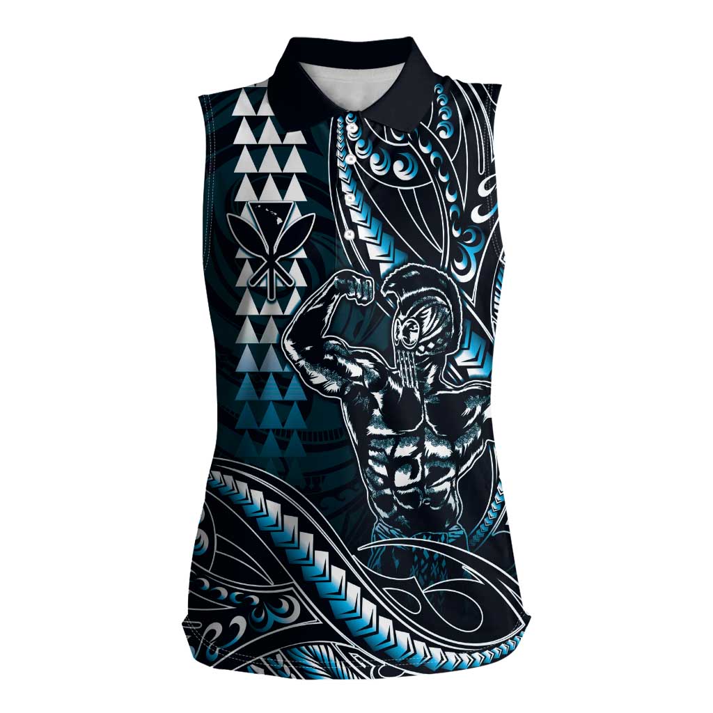 Hawaii Ikaika Warrior Helmet Women Sleeveless Polo Shirt Blue Tribal Tattoo LT05 Female Blue - Polynesian Pride