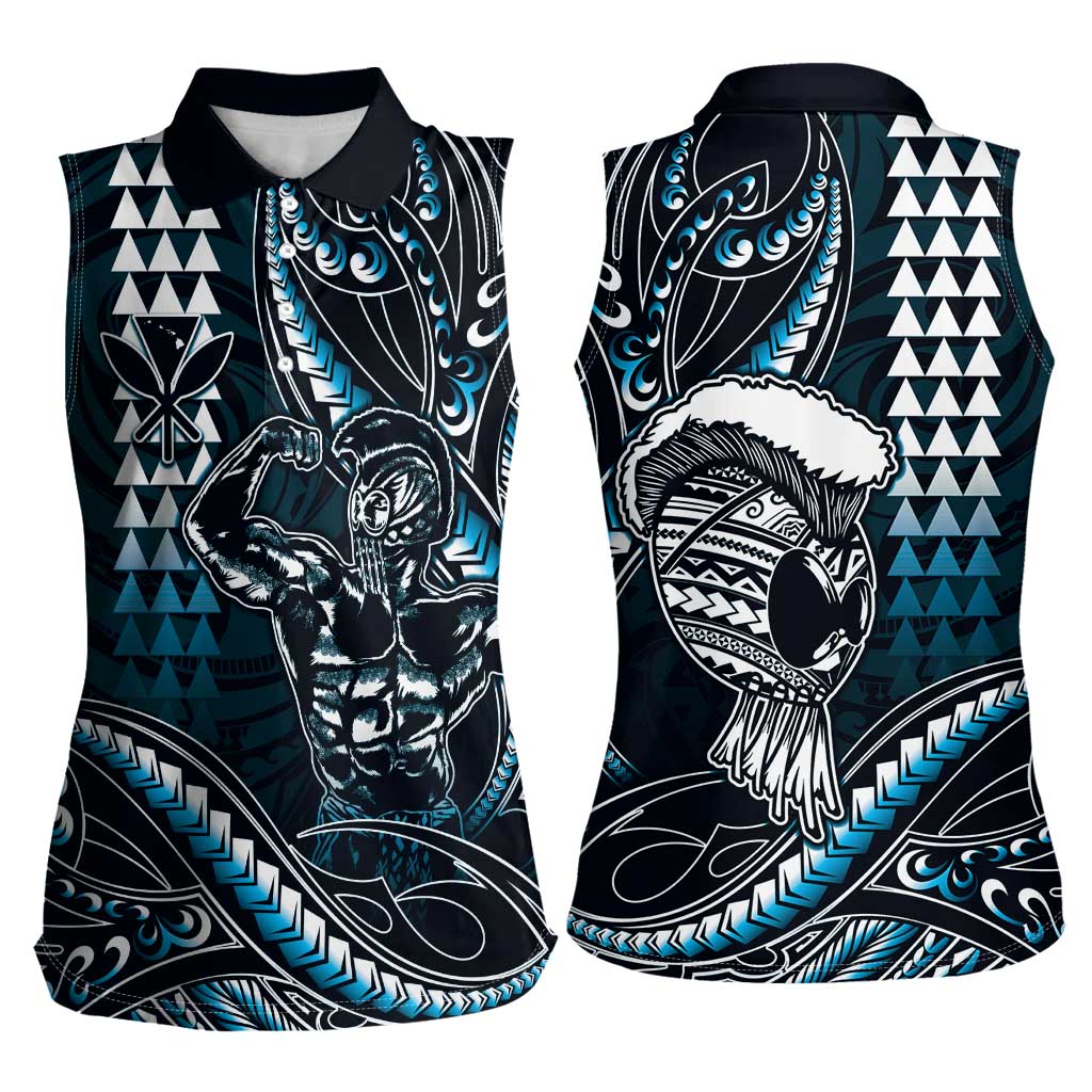 Hawaii Ikaika Warrior Helmet Women Sleeveless Polo Shirt Blue Tribal Tattoo LT05 - Polynesian Pride