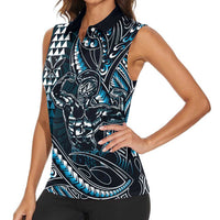 Hawaii Ikaika Warrior Helmet Women Sleeveless Polo Shirt Blue Tribal Tattoo LT05 - Polynesian Pride