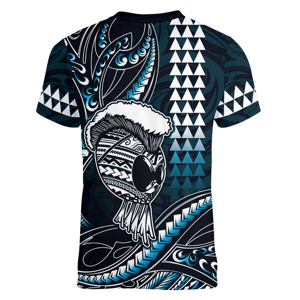 Hawaii Ikaika Warrior Helmet Women V-Neck T-Shirt Blue Tribal Tattoo LT05 - Polynesian Pride