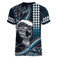 Hawaii Ikaika Warrior Helmet Women V-Neck T-Shirt Blue Tribal Tattoo LT05 - Polynesian Pride