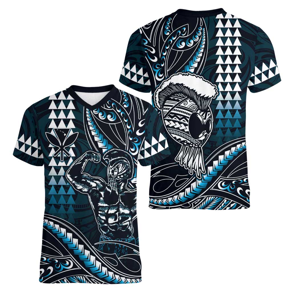 Hawaii Ikaika Warrior Helmet Women V-Neck T-Shirt Blue Tribal Tattoo LT05 - Polynesian Pride