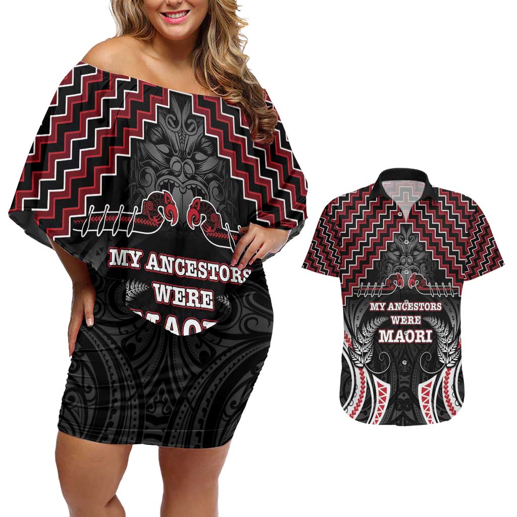 Aotearoa Couples Matching Off Shoulder Short Dress and Hawaiian Shirt Proud To Be Maori LT05 Red - Polynesian Pride