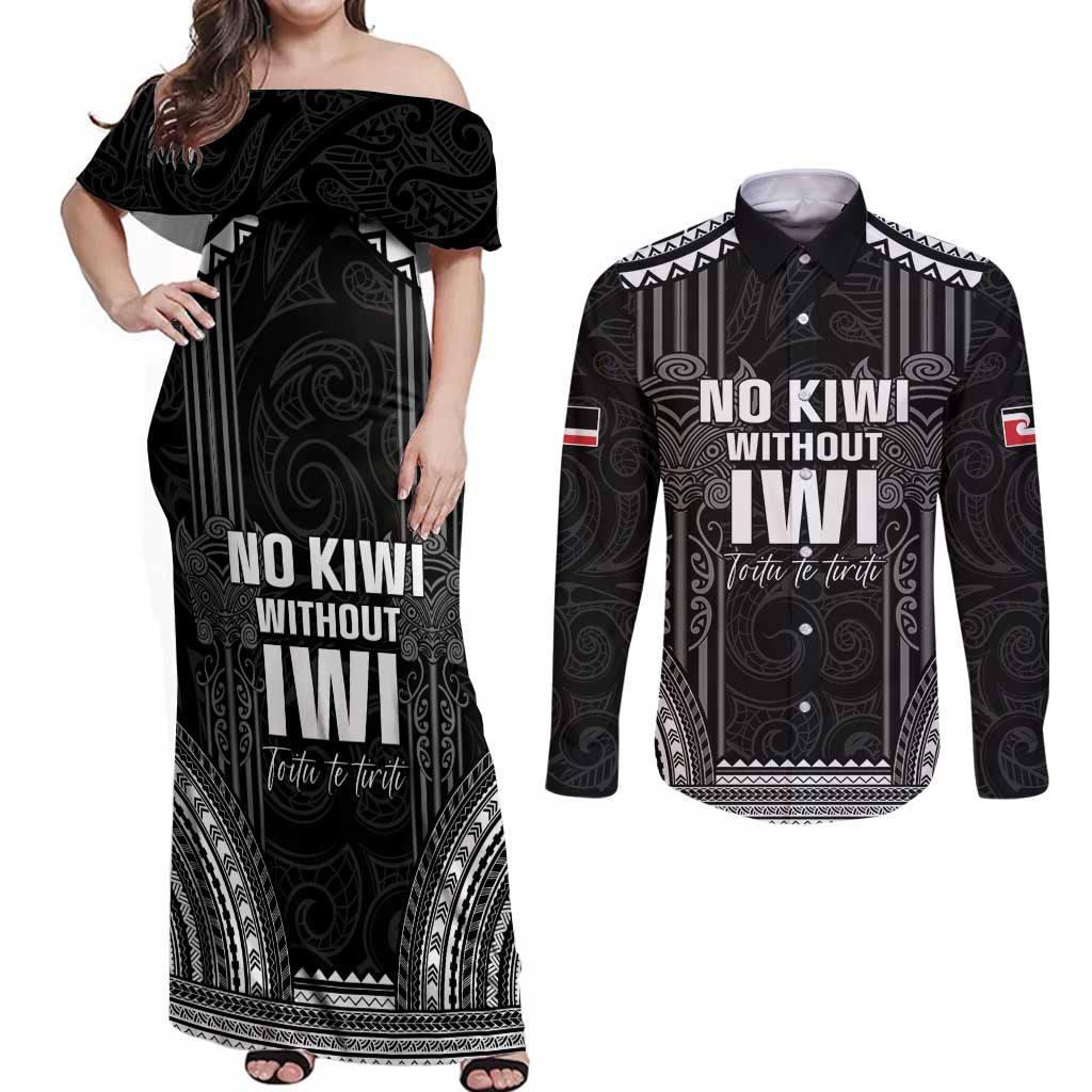 Aotearoa Toitu Te Tiriti Couples Matching Off Shoulder Maxi Dress and Long Sleeve Button Shirt No Kiwi Without Iwi LT05 Black - Polynesian Pride