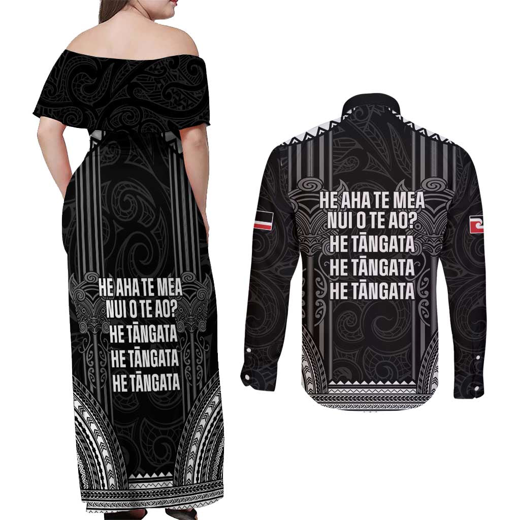 Aotearoa Toitu Te Tiriti Couples Matching Off Shoulder Maxi Dress and Long Sleeve Button Shirt No Kiwi Without Iwi LT05 - Polynesian Pride