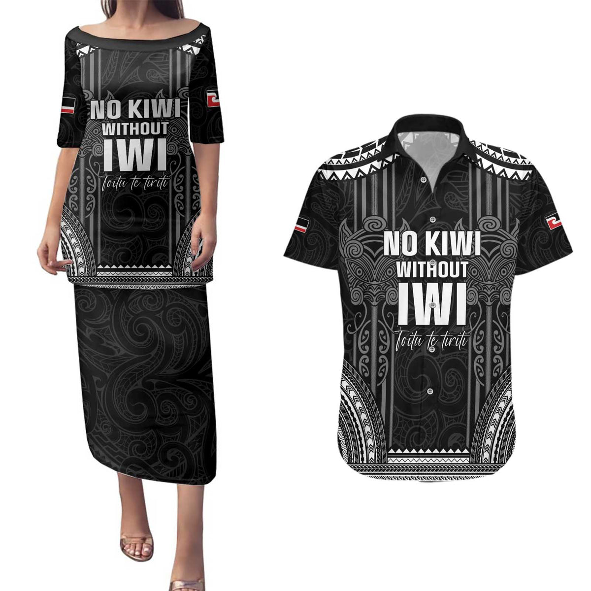 Aotearoa Toitu Te Tiriti Couples Matching Puletasi and Hawaiian Shirt No Kiwi Without Iwi LT05 Black - Polynesian Pride