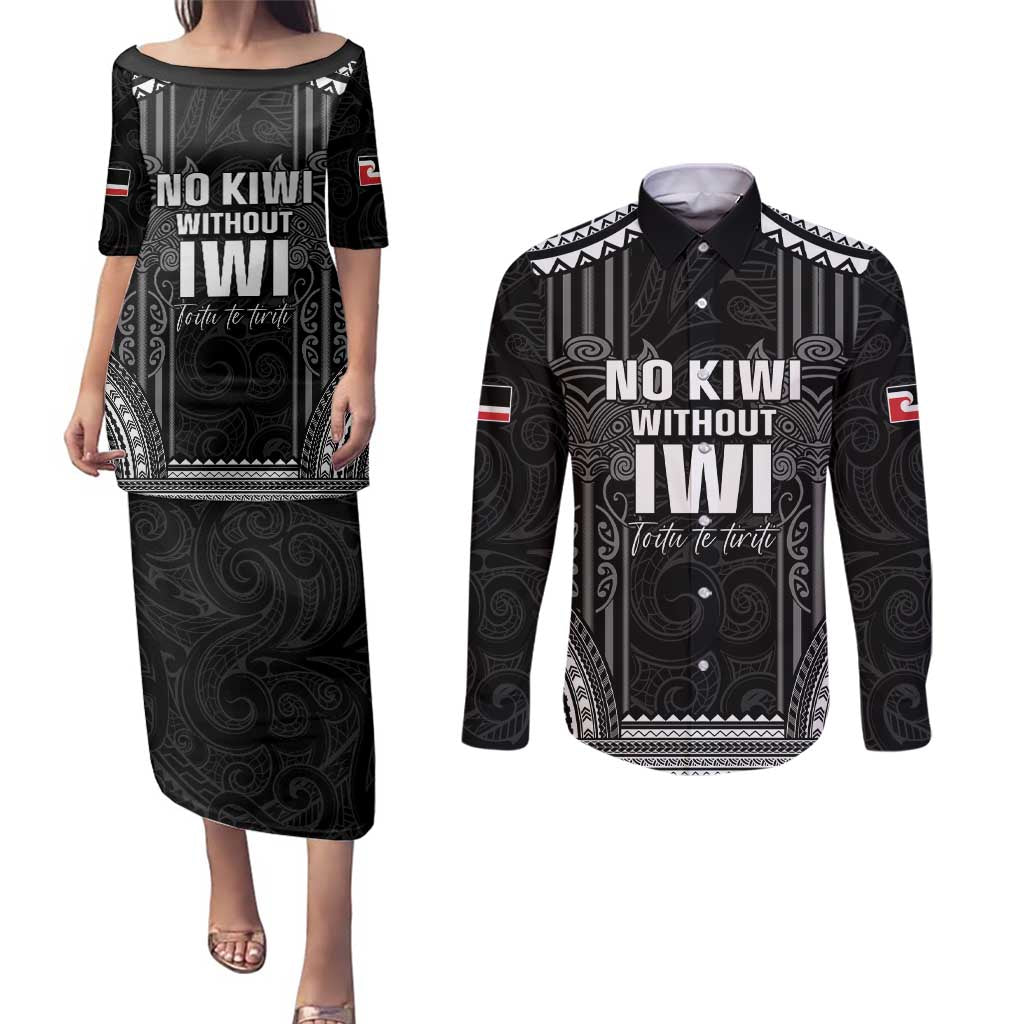 Aotearoa Toitu Te Tiriti Couples Matching Puletasi and Long Sleeve Button Shirt No Kiwi Without Iwi LT05 Black - Polynesian Pride