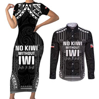 Aotearoa Toitu Te Tiriti Couples Matching Short Sleeve Bodycon Dress and Long Sleeve Button Shirt No Kiwi Without Iwi LT05 Black - Polynesian Pride