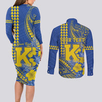 Personalised Hawaii Kaiser High School Couples Matching Long Sleeve Bodycon Dress and Long Sleeve Button Shirt Tribal Tattoo With Hibiscus Flowers