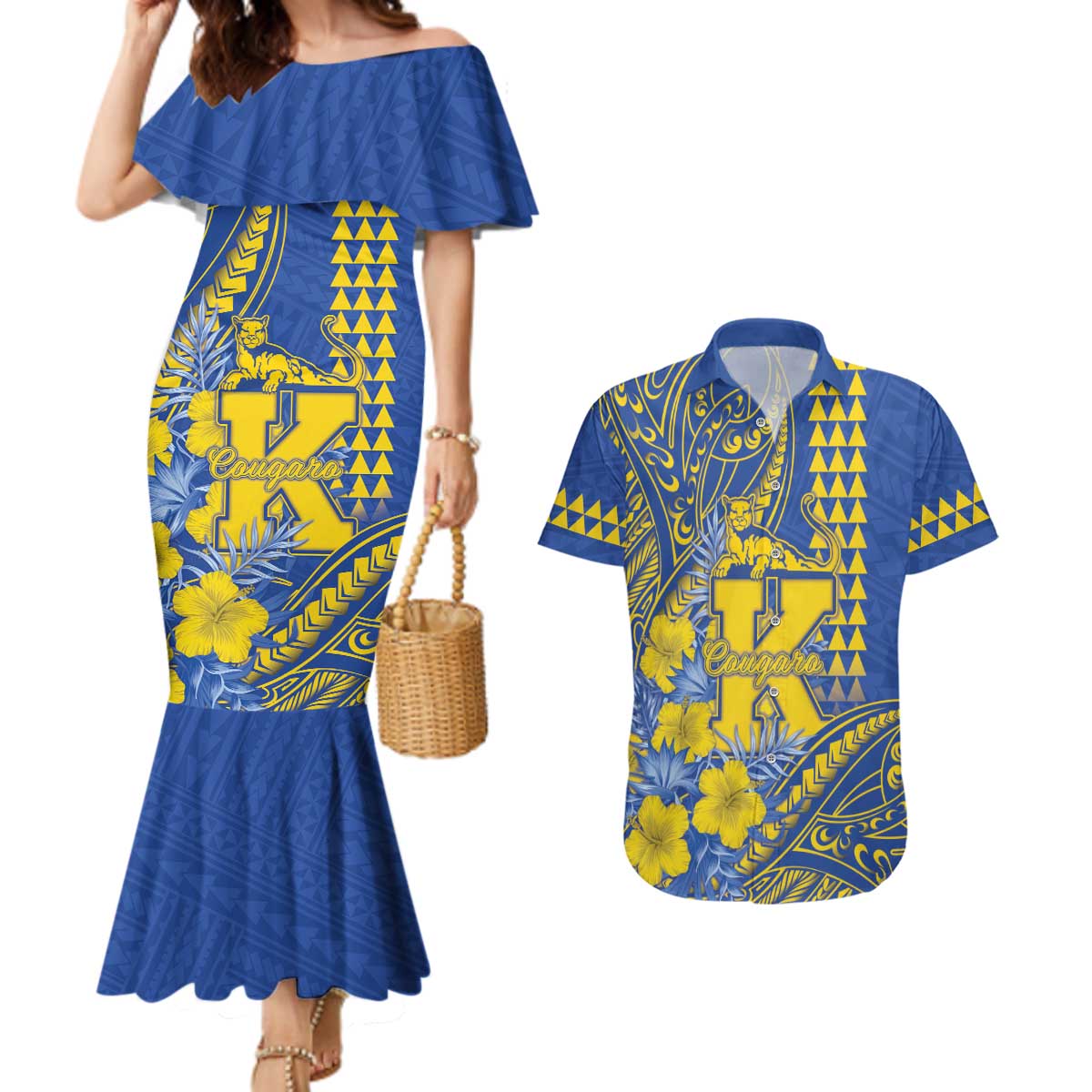 Personalised Hawaii Kaiser High School Couples Matching Mermaid Dress and Hawaiian Shirt Tribal Tattoo With Hibiscus Flowers