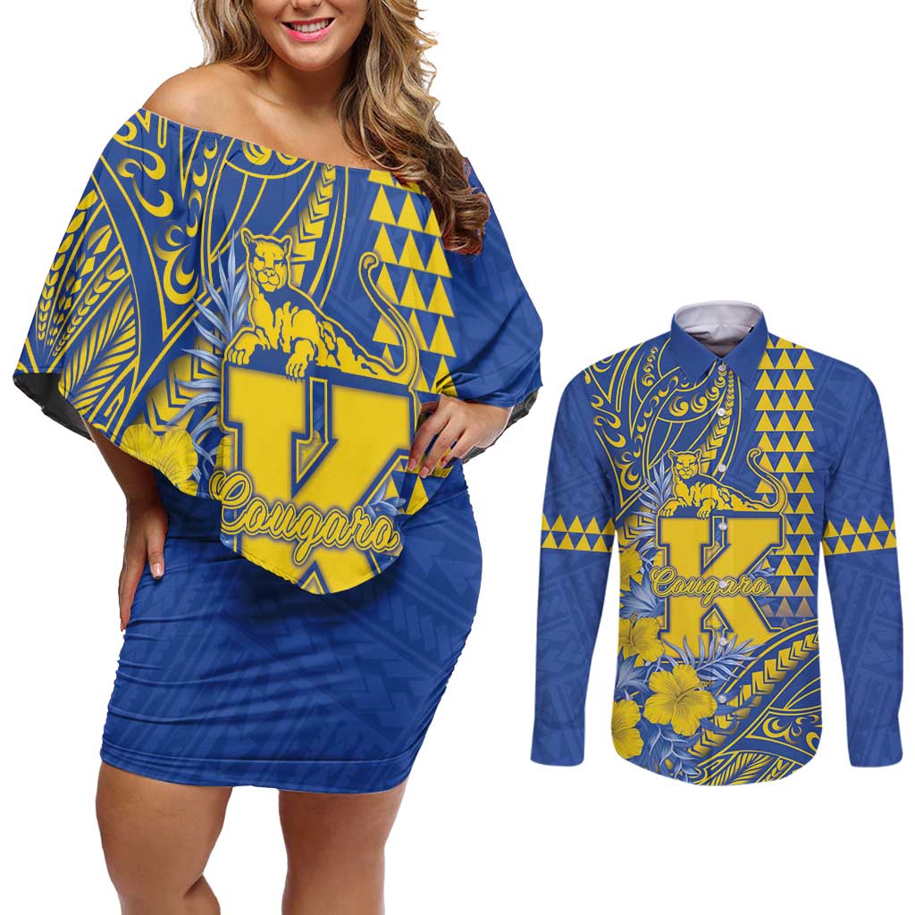 Personalised Hawaii Kaiser High School Couples Matching Off Shoulder Short Dress and Long Sleeve Button Shirt Tribal Tattoo With Hibiscus Flowers LT05 Blue - Polynesian Pride