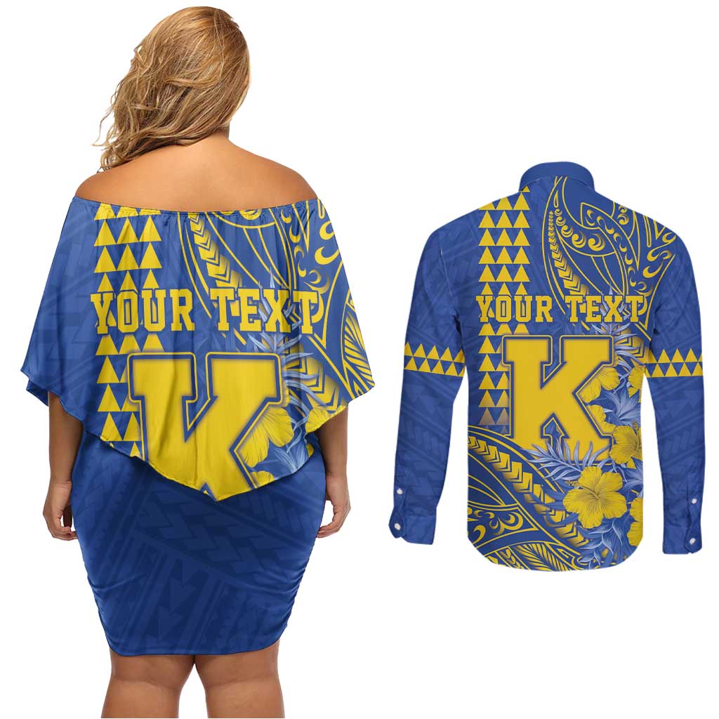 Personalised Hawaii Kaiser High School Couples Matching Off Shoulder Short Dress and Long Sleeve Button Shirt Tribal Tattoo With Hibiscus Flowers LT05 - Polynesian Pride