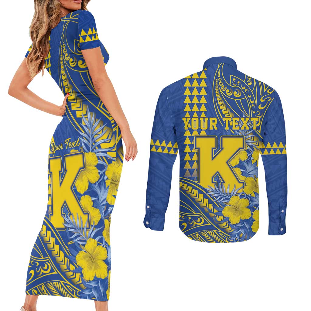 Personalised Hawaii Kaiser High School Couples Matching Short Sleeve Bodycon Dress and Long Sleeve Button Shirt Tribal Tattoo With Hibiscus Flowers