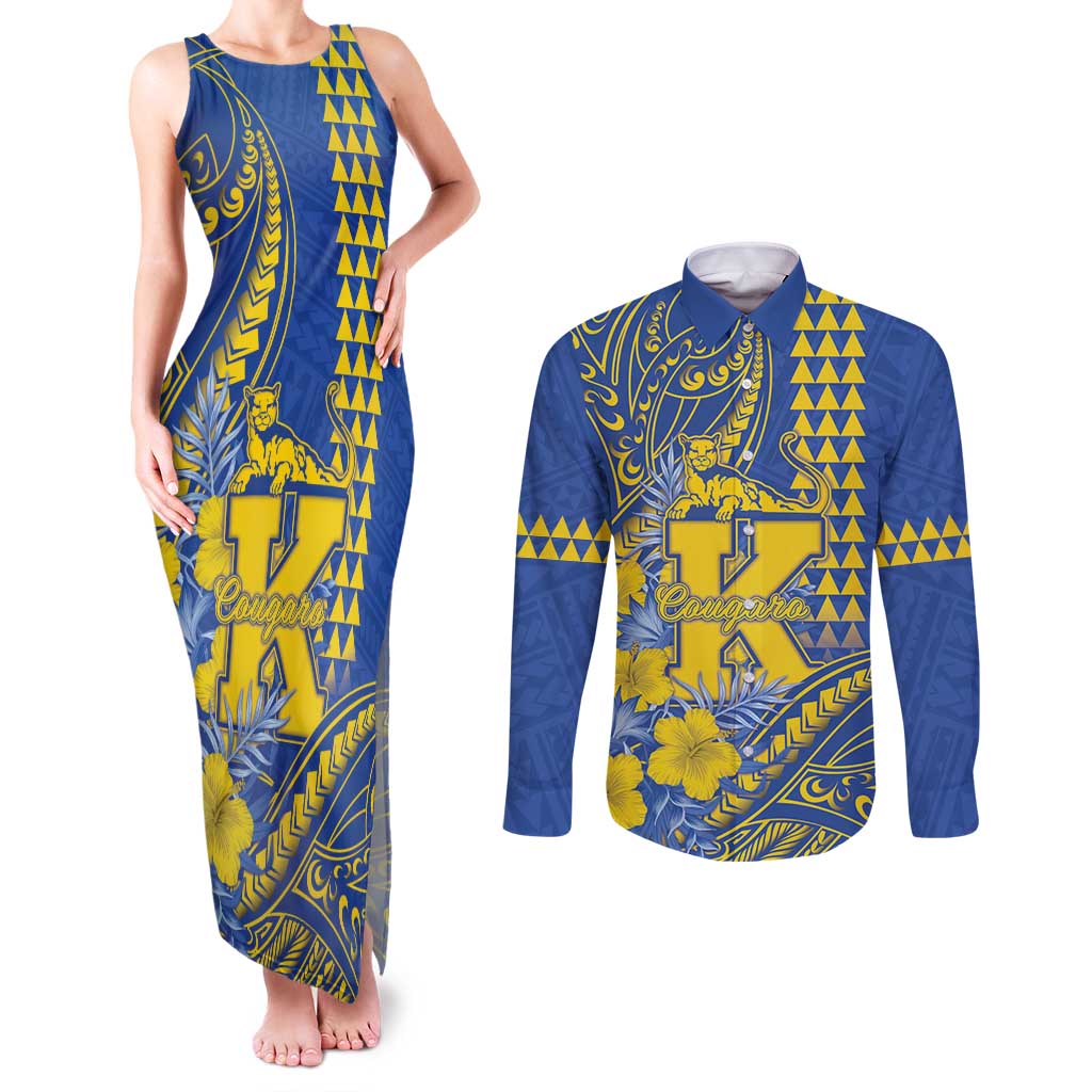 Personalised Hawaii Kaiser High School Couples Matching Tank Maxi Dress and Long Sleeve Button Shirt Tribal Tattoo With Hibiscus Flowers