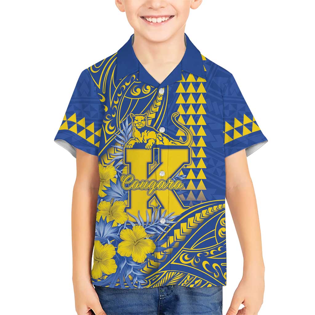 Personalised Hawaii Kaiser High School Family Matching Long Sleeve Bodycon Dress and Hawaiian Shirt Tribal Tattoo With Hibiscus Flowers LT05 Son's Shirt Blue - Polynesian Pride