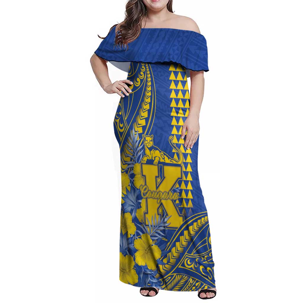 Personalised Hawaii Kaiser High School Family Matching Off Shoulder Maxi Dress and Hawaiian Shirt Tribal Tattoo With Hibiscus Flowers LT05 Mom's Dress Blue - Polynesian Pride