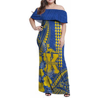 Personalised Hawaii Kaiser High School Family Matching Off Shoulder Maxi Dress and Hawaiian Shirt Tribal Tattoo With Hibiscus Flowers LT05 Mom's Dress Blue - Polynesian Pride