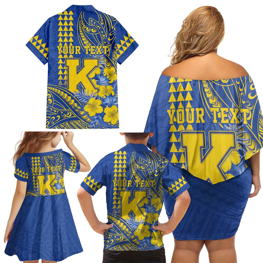 Personalised Hawaii Kaiser High School Family Matching Off Shoulder Short Dress and Hawaiian Shirt Tribal Tattoo With Hibiscus Flowers LT05 - Polynesian Pride